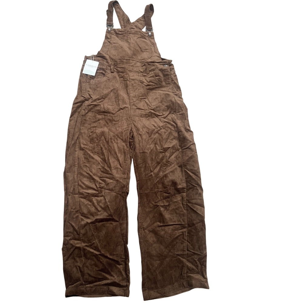 Boho Retro Corduroy Overalls Womens Sz M Brown Wide Leg Bib Jumpsuit Utility